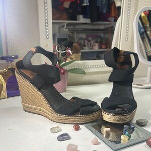 Tory Burch Black and Tan Wedge Sandals with Ankle Strap